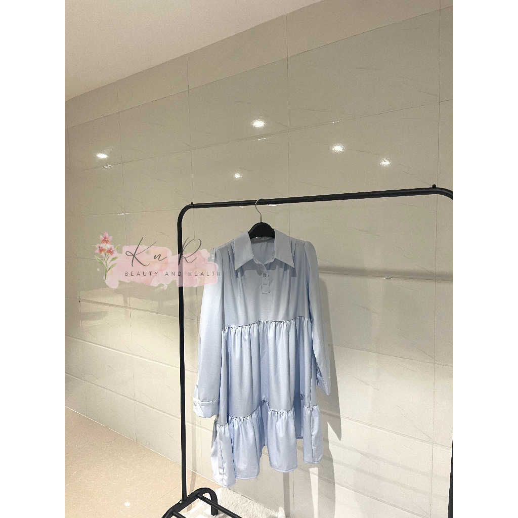 Đầm babydoll cổ sơ mi tiểu thư màu xanh ngọc tay dài, kiểu Hàn Quốc