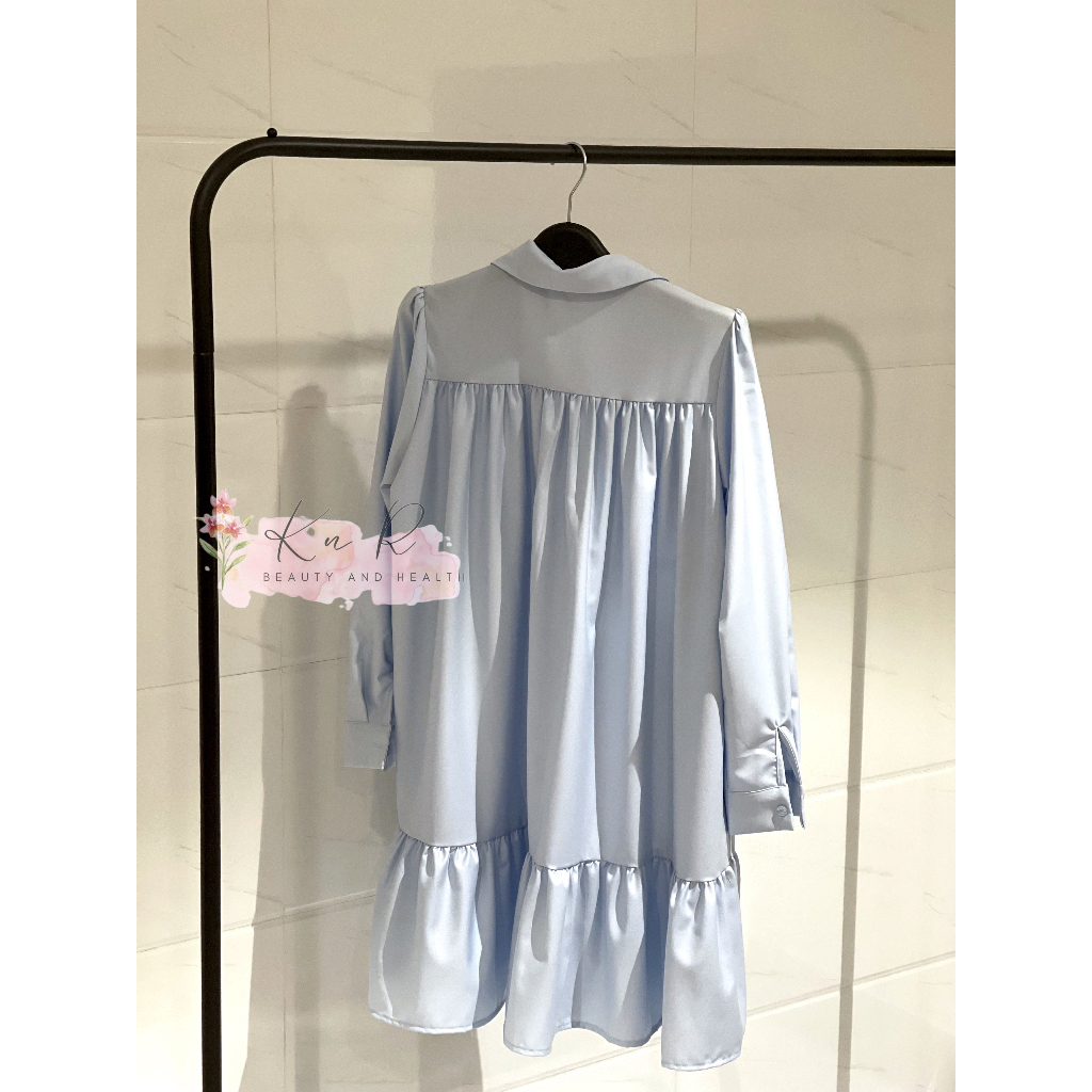 Đầm babydoll cổ sơ mi tiểu thư màu xanh ngọc tay dài, kiểu Hàn Quốc