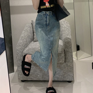  Chân váy jeans dáng dài lưng cao xẻ tà trước chân váy bò chữ A cạp cao vải denim hàn quốc 2133 