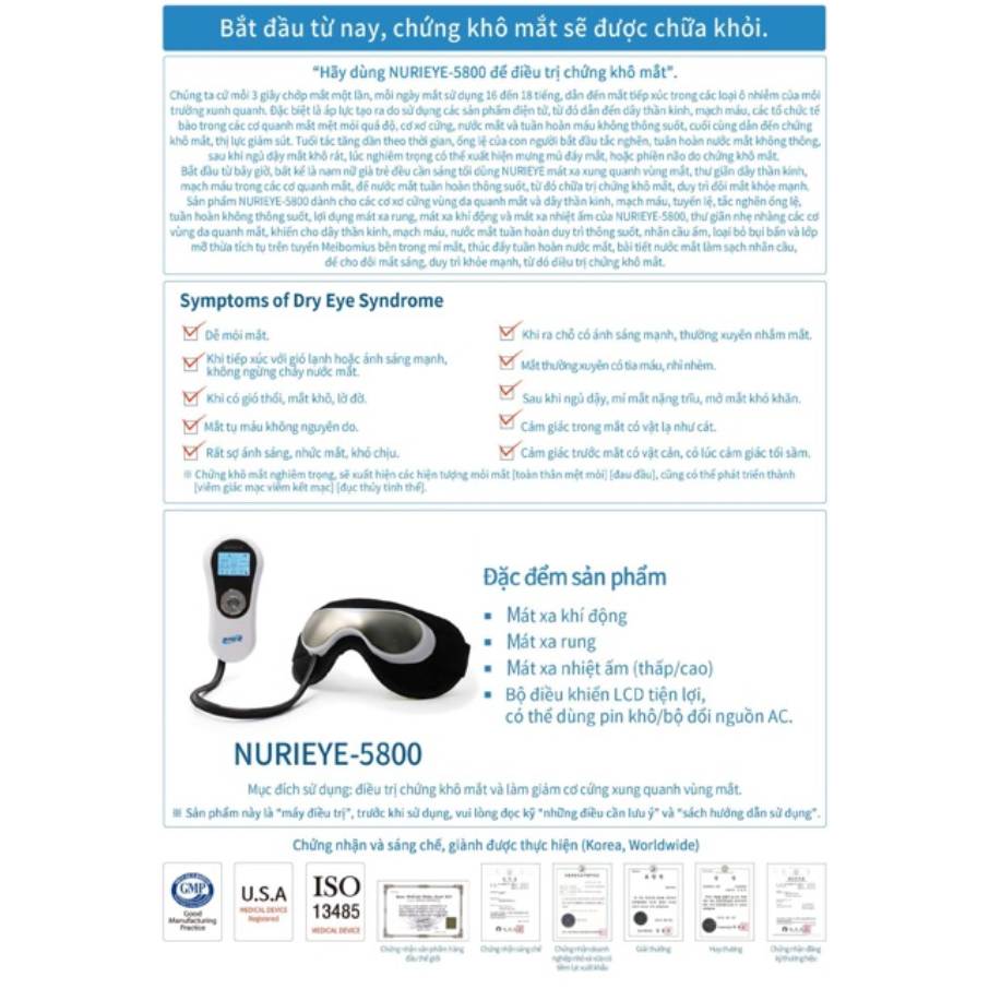 Máy massage mắt NURIEYE-5800 dành cho bệnh khô mắt, đỏ mắt và xoá thâm,giúp mắt khoẻ,sáng,đẹp.Xuất xứ: Hàn Quốc