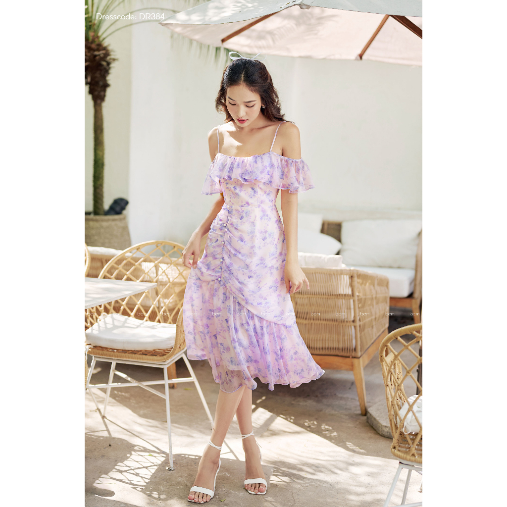 Đầm Hoa Tím Mơ Ngực Bèo Rũ Đẹp Mướt BEM Studio (DR384)