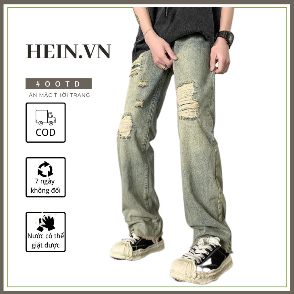 quần jeans nam Xám, ống suông rộng dáng đứng rách gối style,Quần bò rách gối style hàn quốc 2023