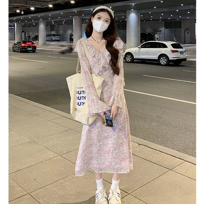 Đầm maxi cổ bèo tay loe hoa nhí màu nhẹ dịu dàng, váy maxi tay dài bèo hoa nhí dáng A dễ thương 4759