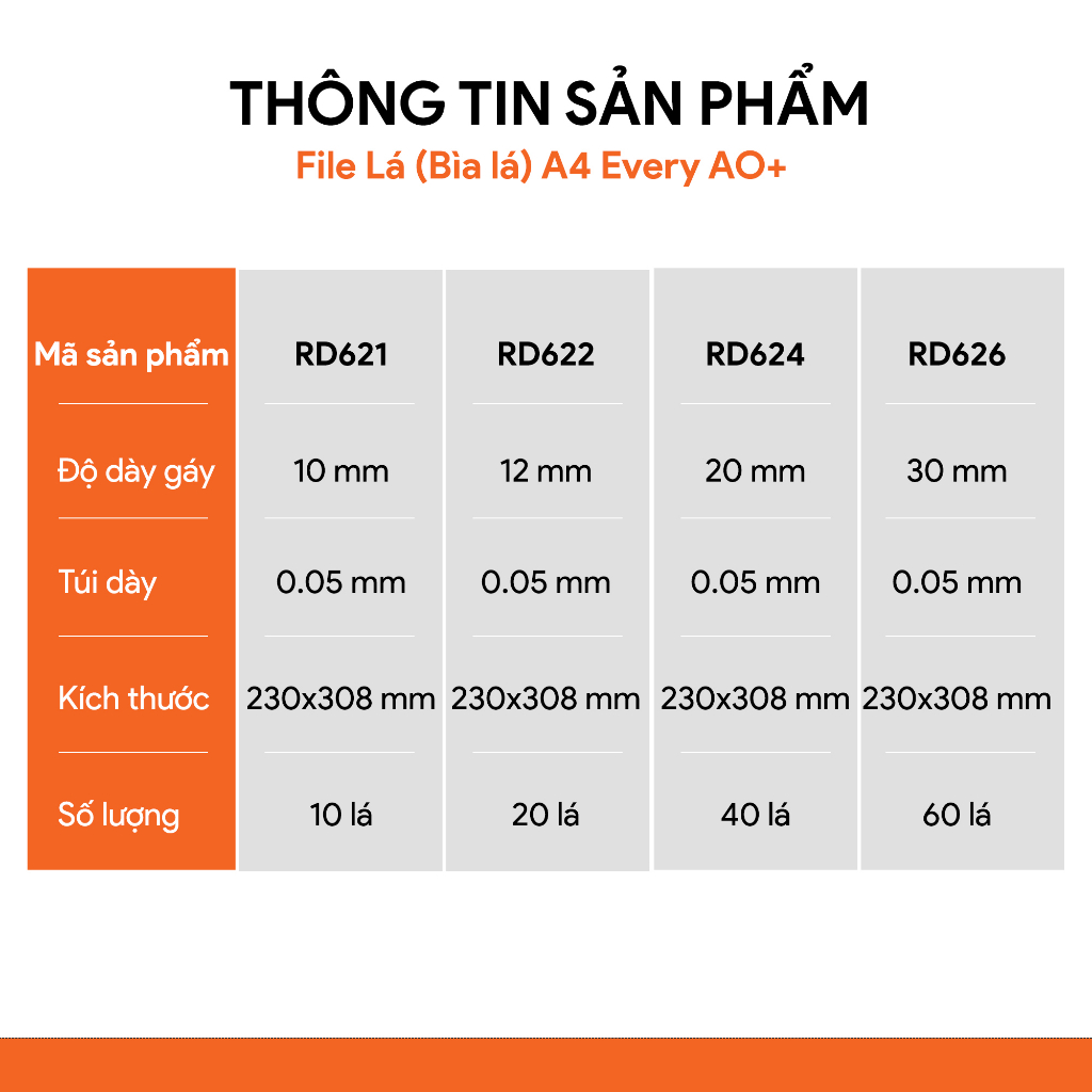 Bìa Lá A4 Every  AO+, Túi dày 0.05 mm, có giấy gáy,