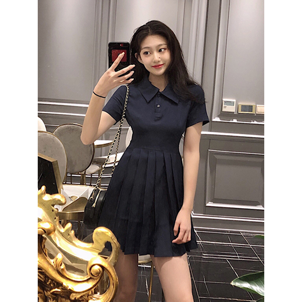 Váy thun sơ mi POLO cổ bẻ thon eo xòe ngắn xếp ly style sang chảnh màu xanh than