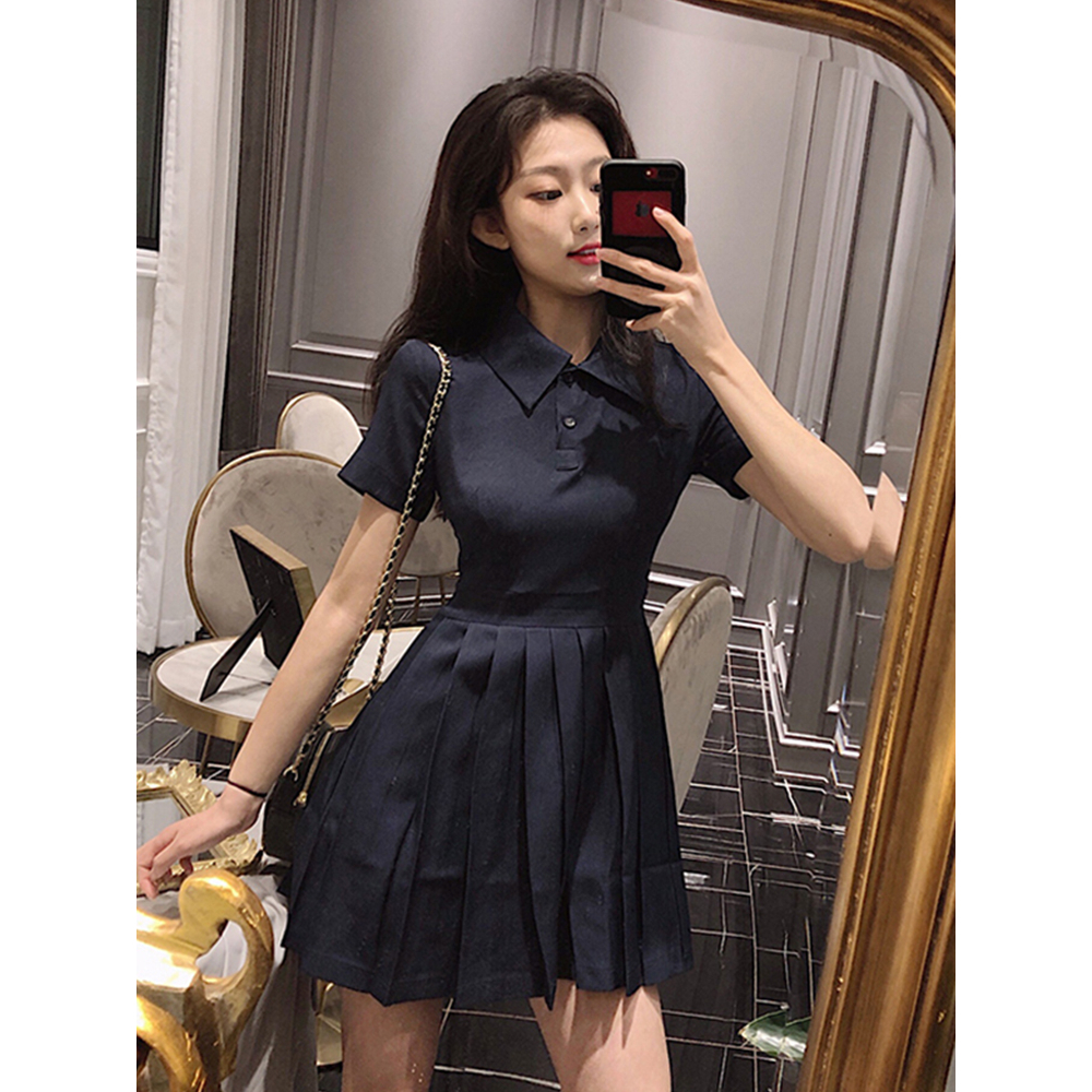 Váy thun sơ mi POLO cổ bẻ thon eo xòe ngắn xếp ly style sang chảnh màu xanh than