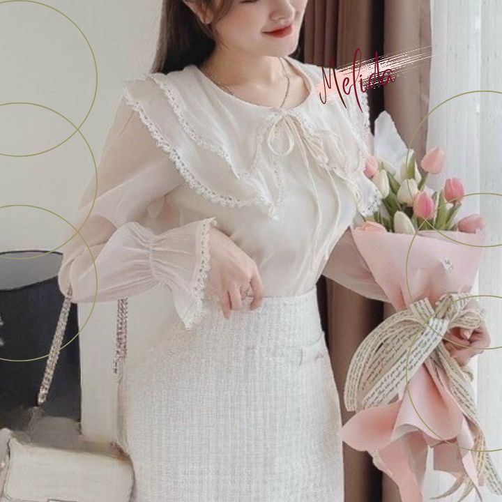 Áo sơ mi nữ Medila cổ tròn 2 tầng phối ren dài tay phối ren dáng dài thiết kế tiểu thư thời trang đi học công sở