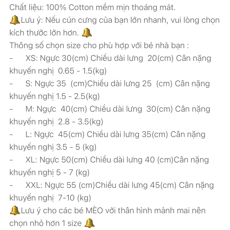 Áo Cho Chó Mèo Ngắn Tay  Vải Cotton – Áo Ngắn Tay Cho Chó Mèo Đủ Size