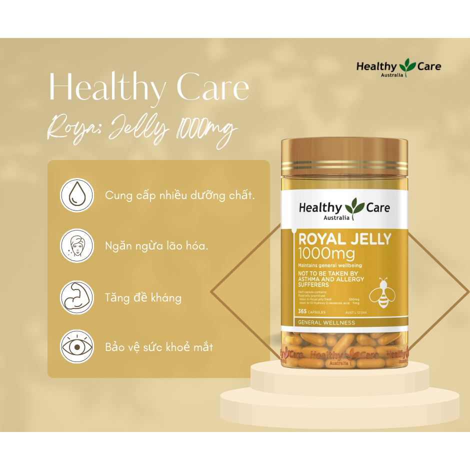 Sữa ong chúa Healthy Care Royal Jelly 1000mg 365 viên chống lão hóa tăng hormone nữ