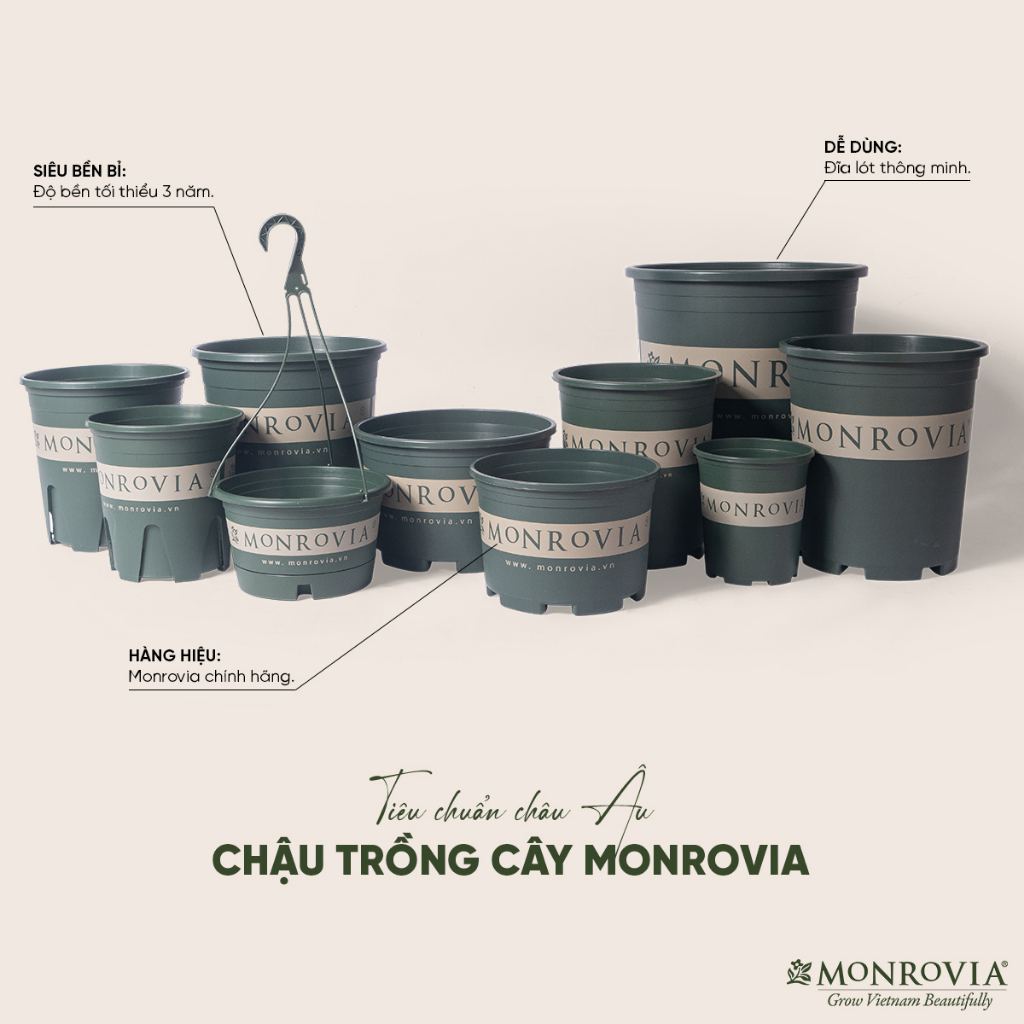 Chậu nhựa trồng cây MONROVIA để bàn, treo ban công, treo tường, ngoài trời, sân vườn, tiêu chuẩn Châu Âu