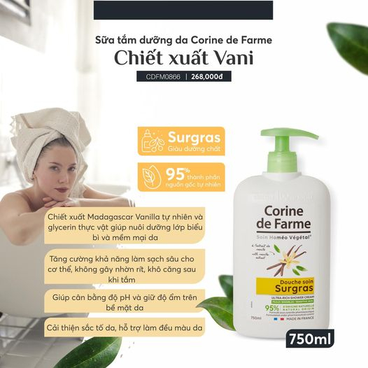 Sữa tắm dưỡng da Corine de Farme chiết xuất Vani 750ML