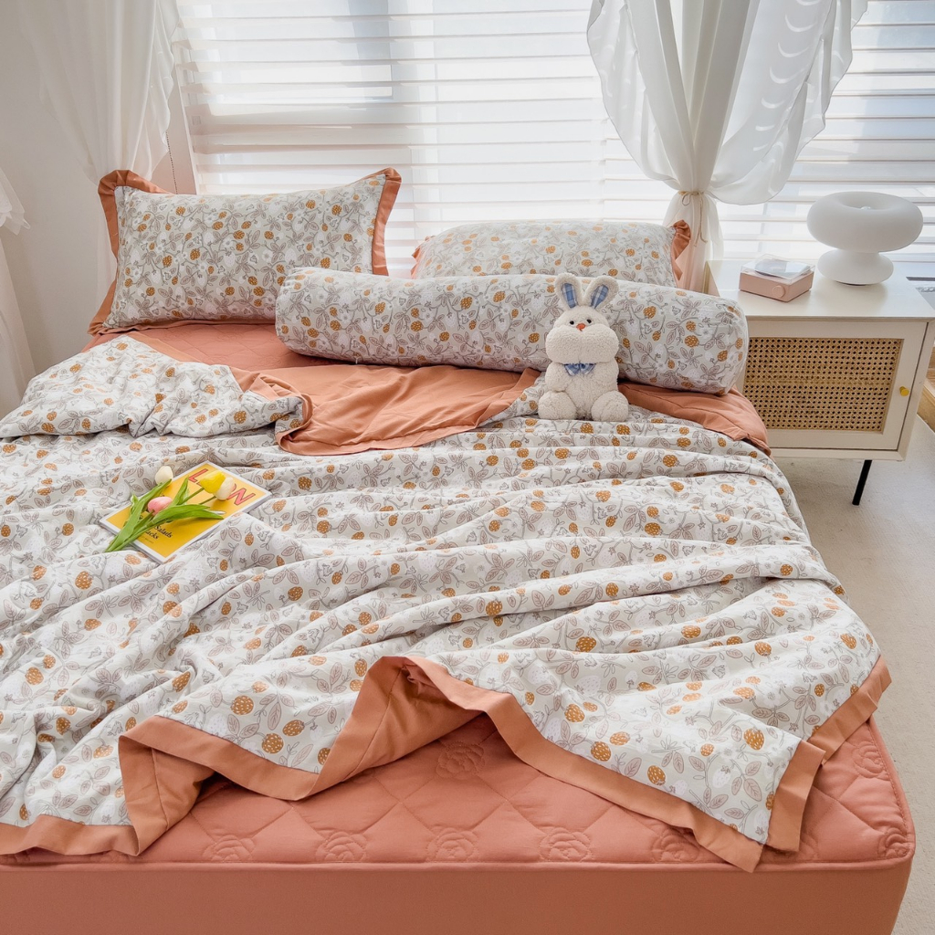 Bộ chăn ga gối cotton đũi 5 món trần bông nhập khẩu hàn quốc , Bộ ga trần chăn hè đũi cotton chất liệu thoáng mát 2023