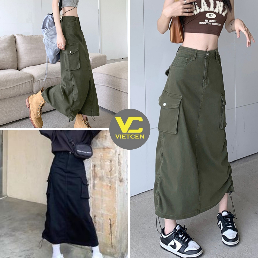 Chân Váy KaKi Dáng Dài Chữ A Lưng Cao Midi Túi Hộp Dây Rút Phong Cách Hàn Quốc Vintage VIETCEN