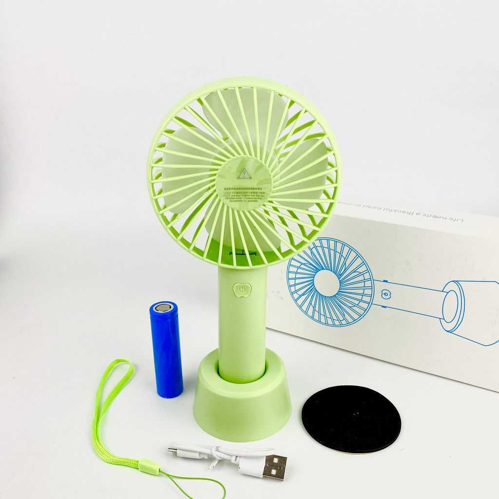 Quạt tích điện mini cầm tay để bàn nhỏ gọn 3 tốc độ gió có pin sạc đi kèm