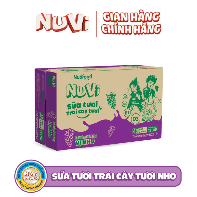 Thùng sữa Nutifood Nuvi sữa tươi trái cây vị nho (48hộp)