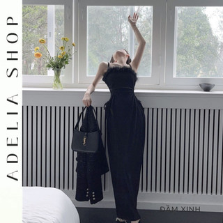 「ADELIA」Đầm Đen Dự Tiệc Tiểu Thư DH127 2 Dây Dáng Dài Phối Lông Vũ 2 Lớp, Đầm Dự Tiệc Sang Chảnh Màu Đen Quyến Rũ