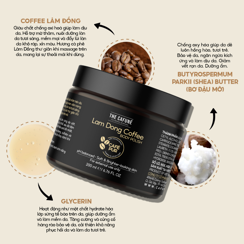 Tẩy Tế Bào Chết Lâm Đồng Coffee Body Polish The Cafuné tẩy da chết body, da mền mịn, trắng sáng mờ thâm 200ml