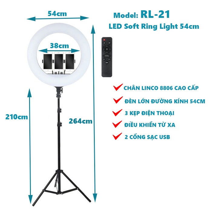 Bộ Đèn Livestream RL21 Size 54cm + Chân Đèn + Kẹp Điện Thoại - Cực Chắc Chắn- Hỗ trợ Makeup Quay TikTok