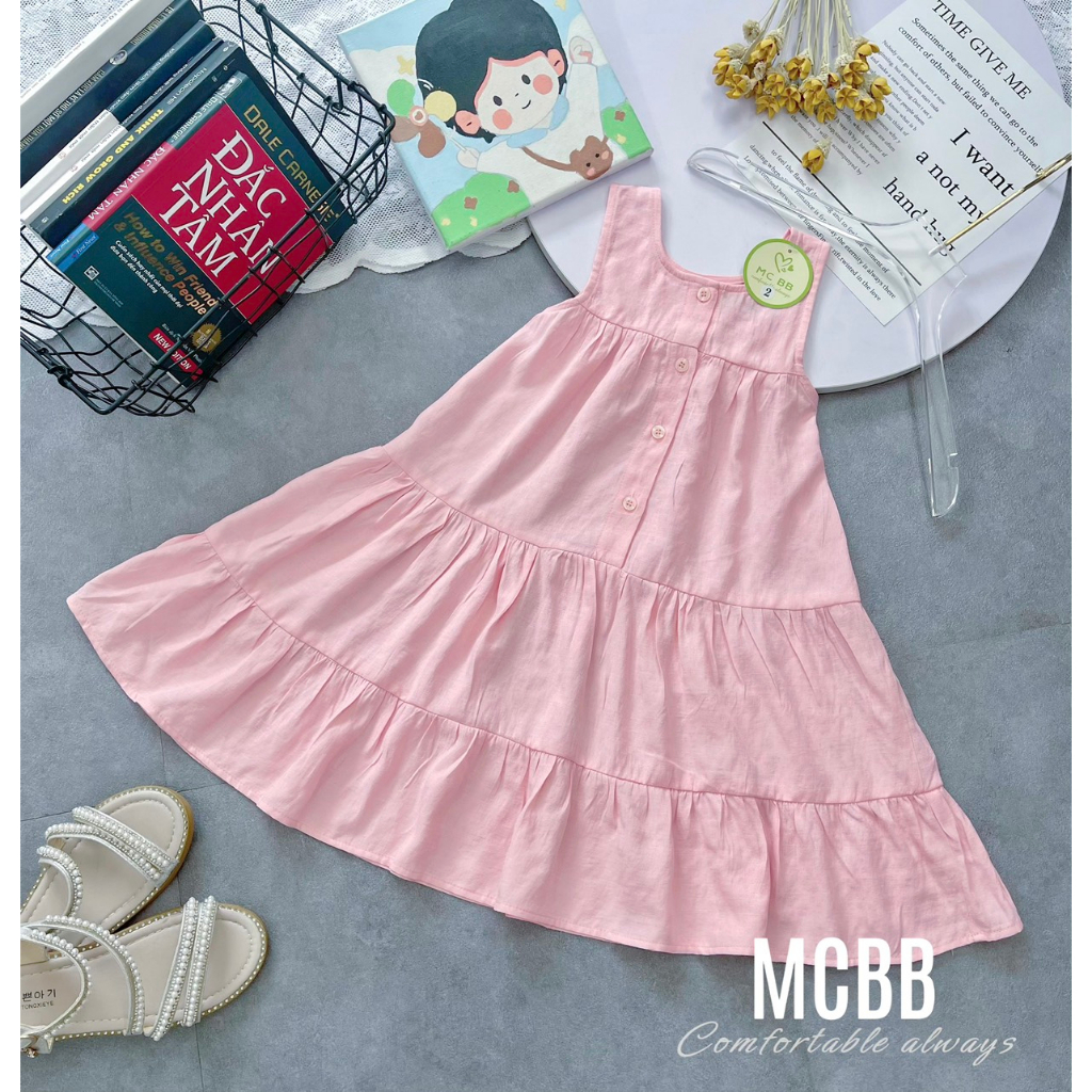 Đầm Maxi Sát Nách Cài Nút Chất Đũi Mềm Màu Hồng Nhạt cho Bé Gái
