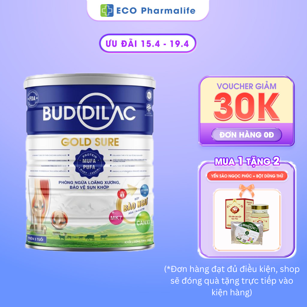 Sữa Bột BUDDILAC Gold Sure Hộp 900g Phòng Ngừa Loãng Xương Tăng Cường Miễn Dịch Cho Người Lớn