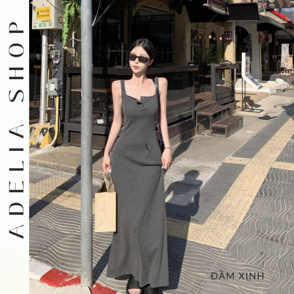 Sẵn -「ADELIA」Đầm 2 Dây Tiểu Thư Bản To Body Dáng Dài 2 Màu Xám Đen Mẫu Mới 2022 Chất Đẹp Dày Dặn