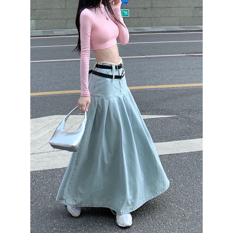 ROSALEE Váy jeans dài xếp li to kèm đai đeo