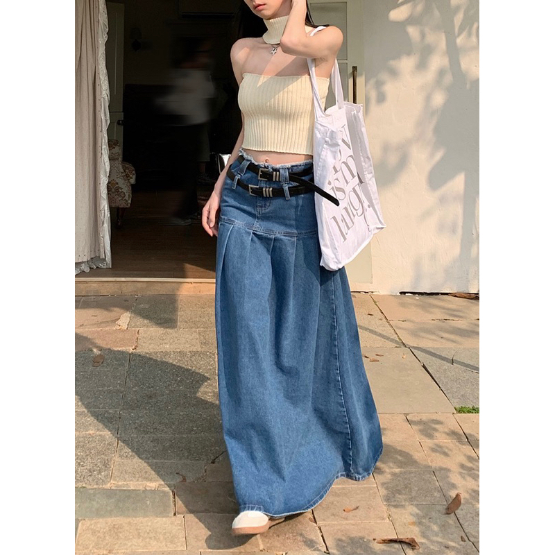 ROSALEE Váy jeans dài xếp li to kèm đai đeo