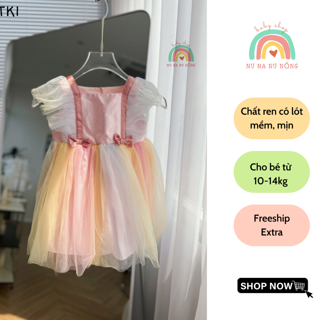 Váy công chúa tay bèo cầu vồng cho bé gái đi dự tiệc, sinh nhật, đám cưới Nu Na Nu Nống