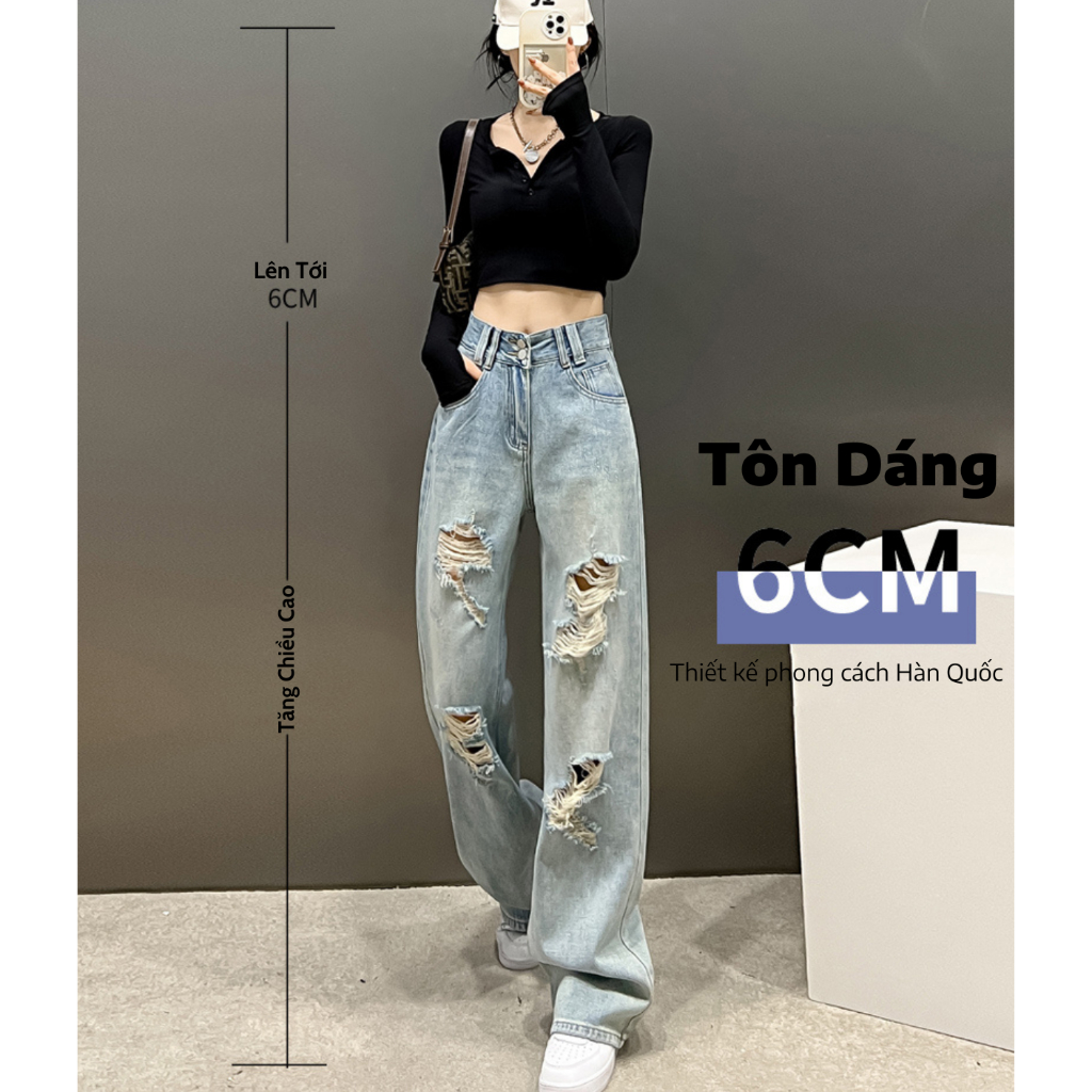 Quần jean nữ ống rộng rách gối CHERRY baggy dáng suông, quần bò ống rộng nữ rách gối cạp cao cá tính chất denim đẹp T064