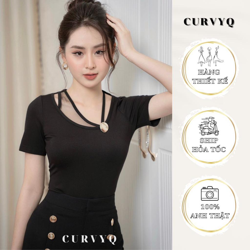 Áo Thun Cộc Tay Cổ Lệch Pha Lưới Cài Tag Vàng Thời Trang Thiết Kế Nữ CurvyQ