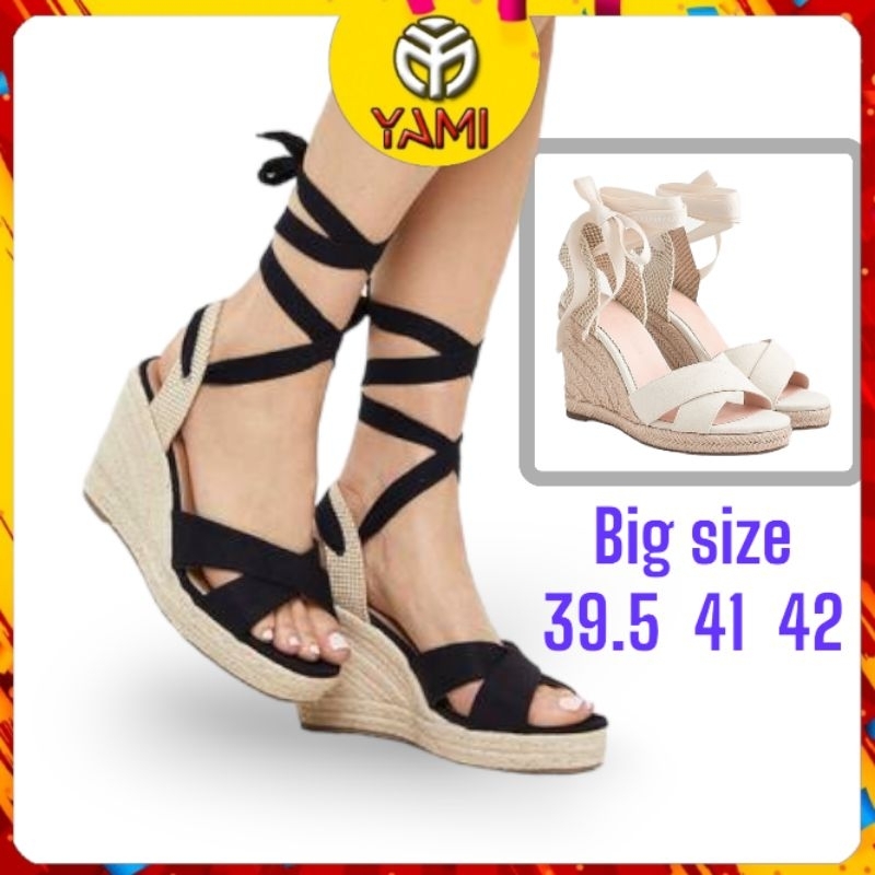 Xăng Đan Xuồng Dây Quấn Gót 11cm Màu Đen Kem, Sandals Xuồng Nữ Hàng Hiệu Xuất Dư