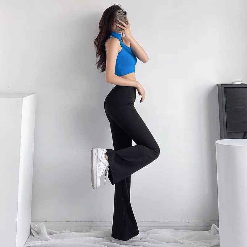 Quần ống loe nữ cạp cao dáng vảy vải trượt thái vải umi cotton form gym nâng mông  - ALSODO