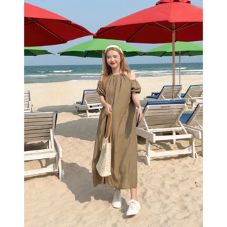 Đầm - váy babydoll đũi nhăn trễ vai form rộng dáng Hàn Quốc