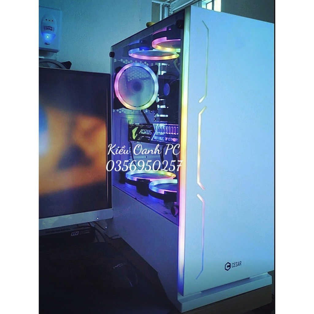 Vỏ Case Cesar Snow Black, White ATX ( No Fan ) Sẵn Thanh LED | BigBuy360 - bigbuy360.vn