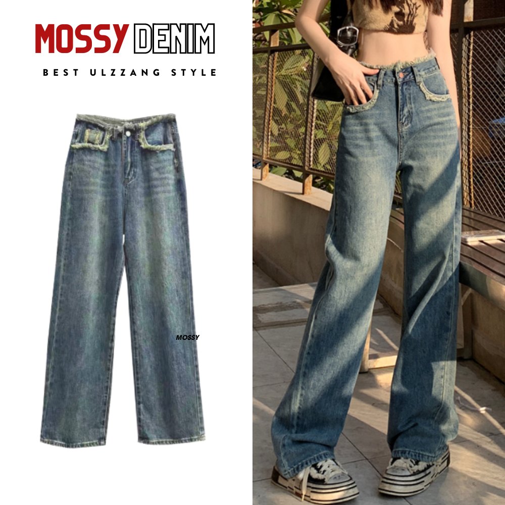 Quần Jean Nữ Ống Rộng Màu Blue Lưng Tua Rua Quần Jean Nữ Lưng Cao Quần Ống Suông Cao Cấp M230