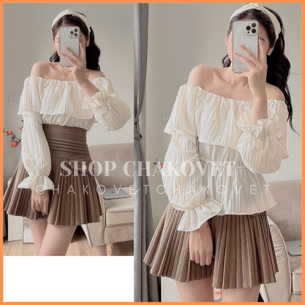 Áo Bèo Trễ Vai Dáng Ngắn Tiểu Thư A8608 Áo Thiết Kế Tay Phồng Bo Chun Cao Cấp Phong Cách Hàn Quốc - CHAKOVET