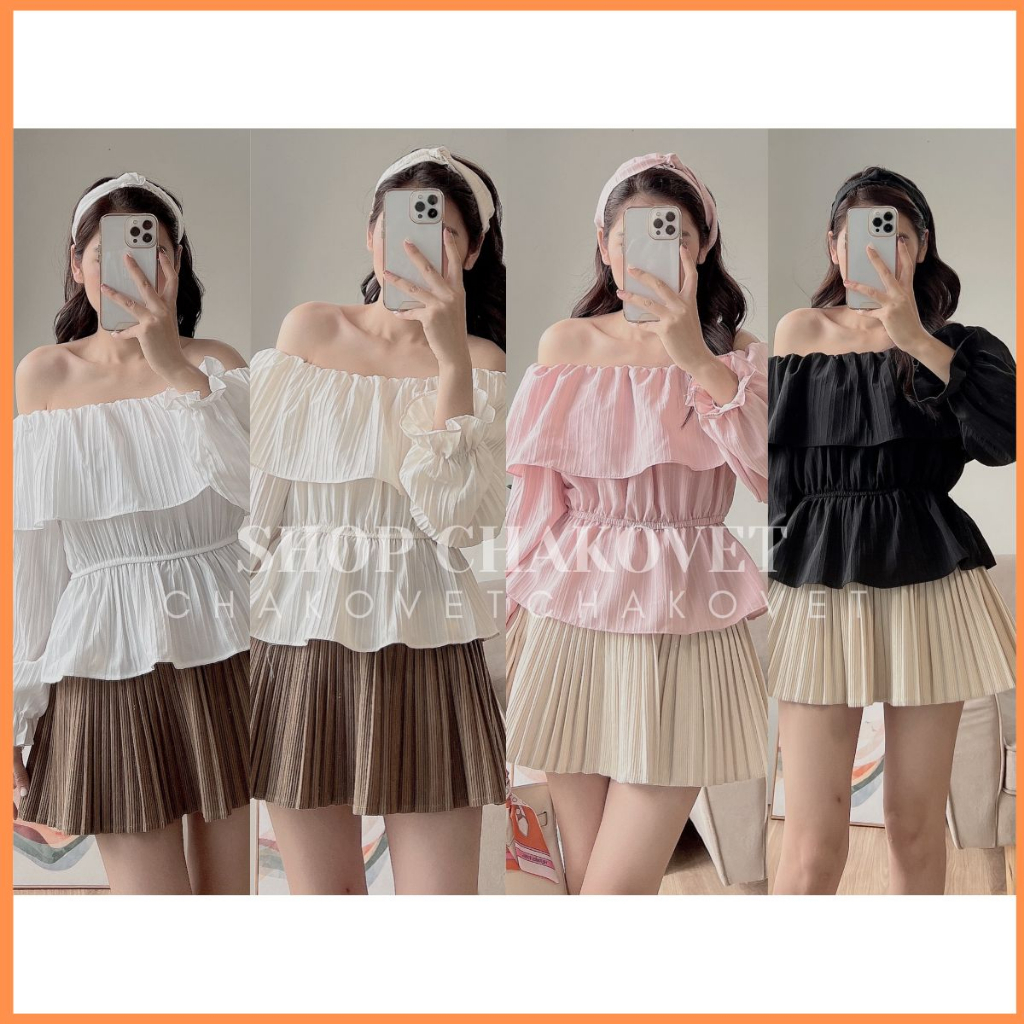 Áo Bèo Trễ Vai Dáng Ngắn Tiểu Thư A8608 Áo Thiết Kế Tay Phồng Bo Chun Cao Cấp Phong Cách Hàn Quốc - CHAKOVET