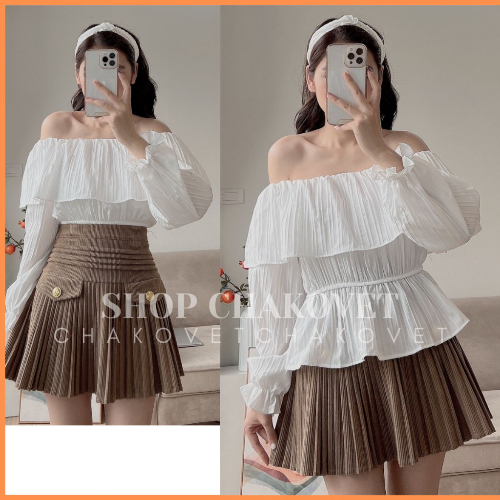 Áo Bèo Trễ Vai Dáng Ngắn Tiểu Thư A8608 Áo Thiết Kế Tay Phồng Bo Chun Cao Cấp Phong Cách Hàn Quốc - CHAKOVET