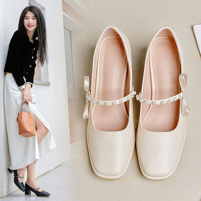 Giày cáo gót mũi vuông lolita phong cách tiểu thư 5 phân quai ngọc Mã TT13