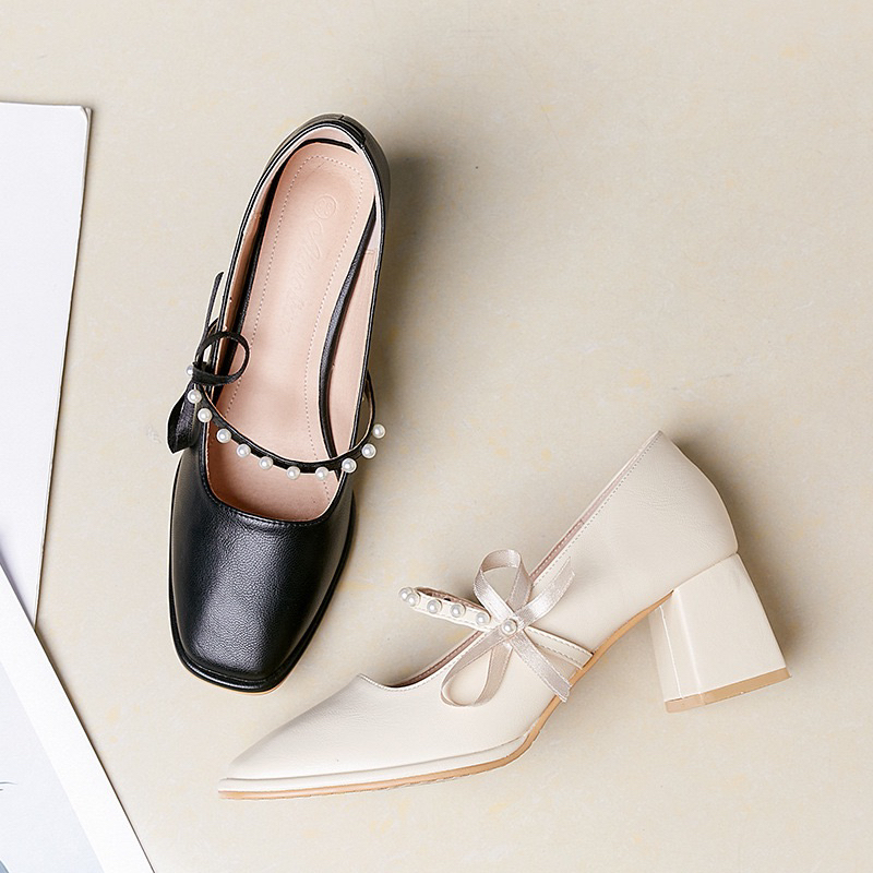 Giày cáo gót mũi vuông lolita phong cách tiểu thư 5 phân quai ngọc Mã TT13