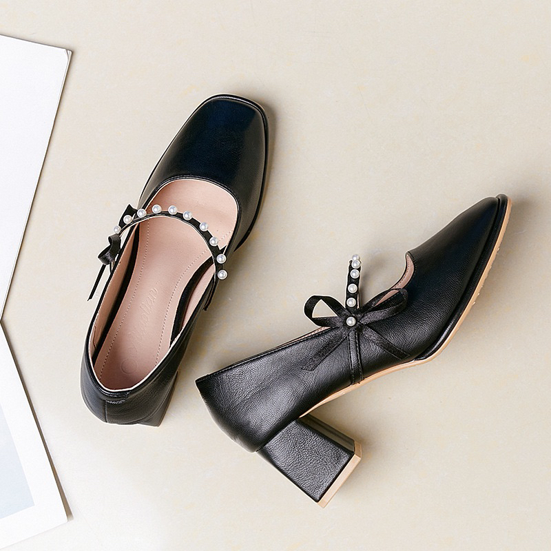 Giày cáo gót mũi vuông lolita phong cách tiểu thư 5 phân quai ngọc Mã TT13