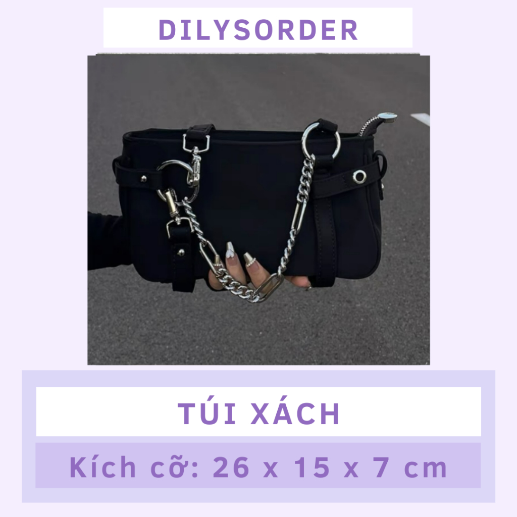 Y2K Túi Xách Nữ Dây Xích Đen Có Ngăn Bên Trong Kẹp Nách Hàn Quốc Túi đeo vai Túi