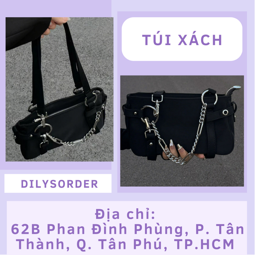 Y2K Túi Xách Nữ Dây Xích Đen Có Ngăn Bên Trong Kẹp Nách Hàn Quốc Túi đeo vai Túi