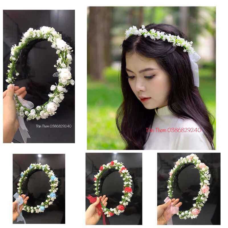 Vòng hoa đội đầu kỉ yếu hoa baby phối hoa hồng xốp