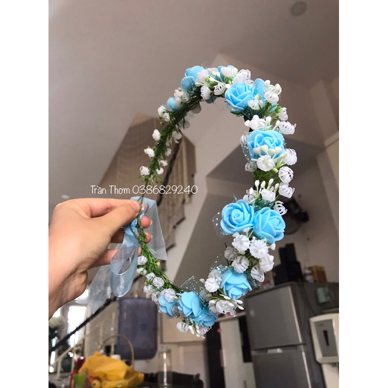 Vòng hoa đội đầu kỉ yếu hoa baby phối hoa hồng xốp