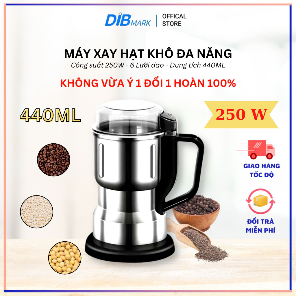 Máy xay hạt khô xay bột gia vị cà phê đa năng 6 lưỡi dao cực bén chất liệu cối inox 304 từ DIBMARK