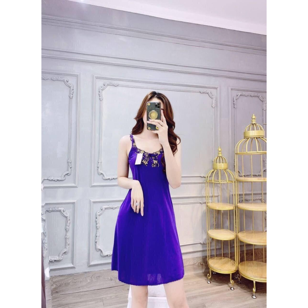 Váy Ngủ Thun Lạnh Nữ Mặc Nhà Đầm Ngủ 2 Dây Thun Lạnh Co Giãn Thoáng Mát Size Đến 75kg