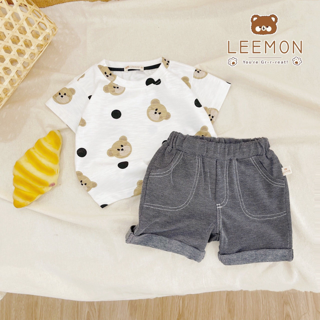 Bộ quần áo in Gâu Teddy cho bé trai Beemo,Chất liệu áo cotton xược mềm mịn, quần giả bỏ thoáng mát B310