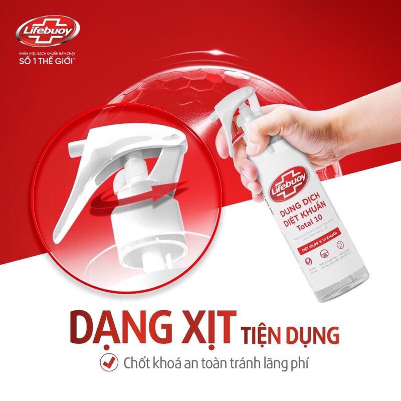 Lifebuoy dung dịch diệt khuẩn vòi xịt tiện dụng, chốt khóa an toàn 330ml tiện lợi giúp làm sạch vi khuẩn trên các bề mặt