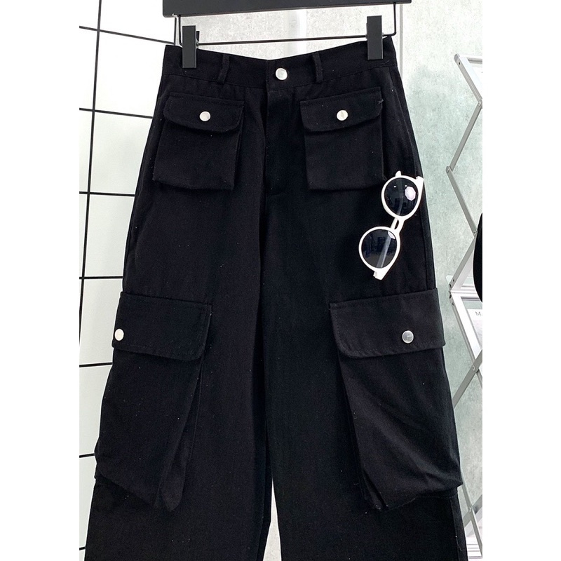 Quần kaki Cargo ROKY màu ĐEN/BE dài suông ống rộng túi hộp trơn form nam nữ unisex